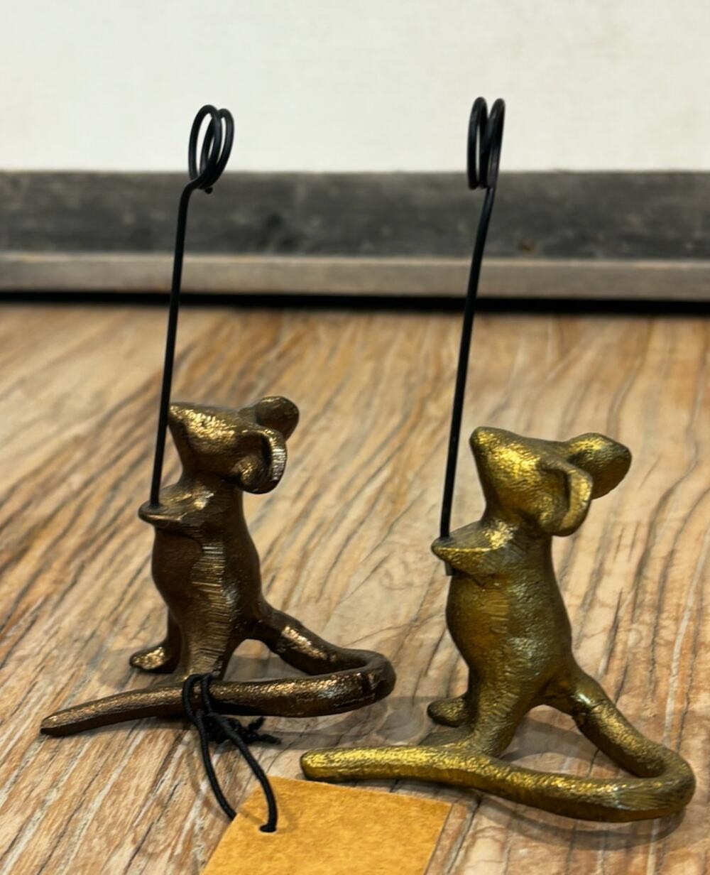 Set of 2 Cast Iron Mouse Place Card Holders Gold Brass Tone Table Decor NWT